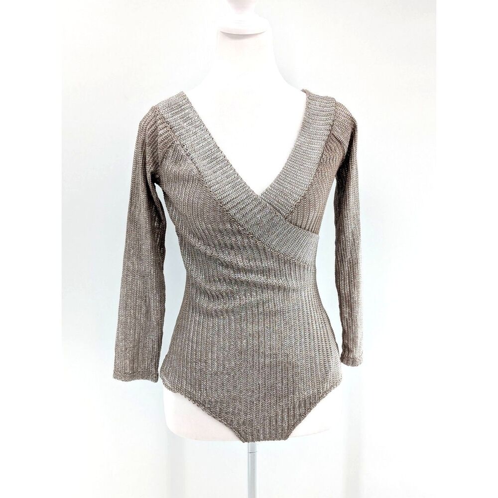 Hot Miami Styles Gold Metallic Long Sleeve V-Neck Bodysuit Size Medium NWT